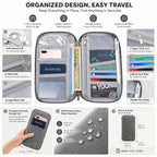 Travel passport wallet organizer with multiple pockets for passport, cards, tickets, cash, phone, and pen