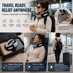 Portable compact electric neck massager travel pillow packed in a drawstring bag and suitcase for airport travel and flights