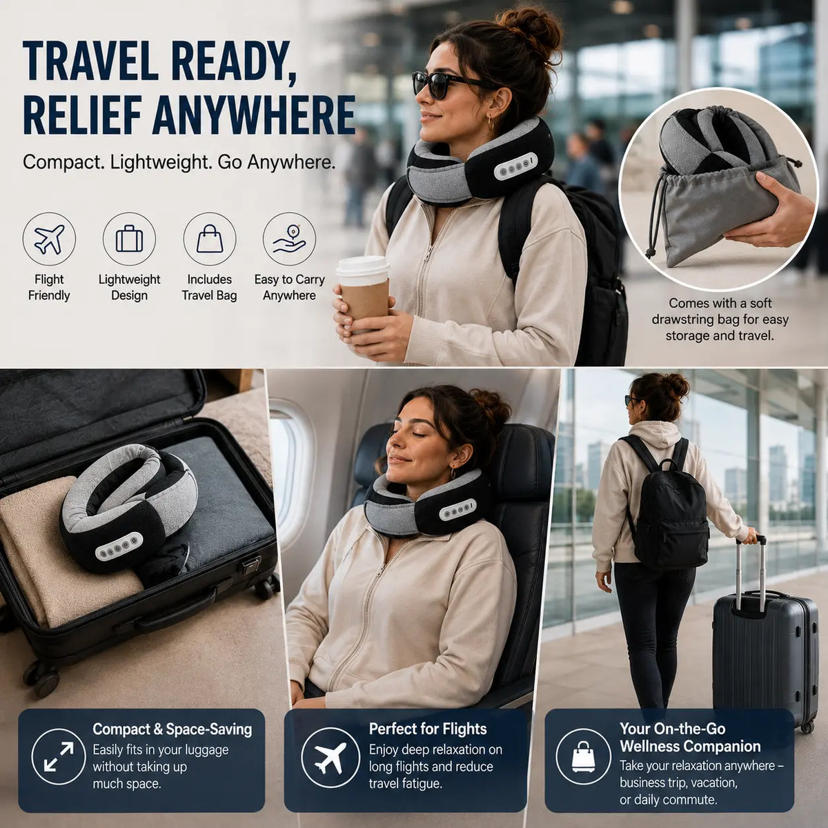 Portable compact electric neck massager travel pillow packed in a drawstring bag and suitcase for airport travel and flights