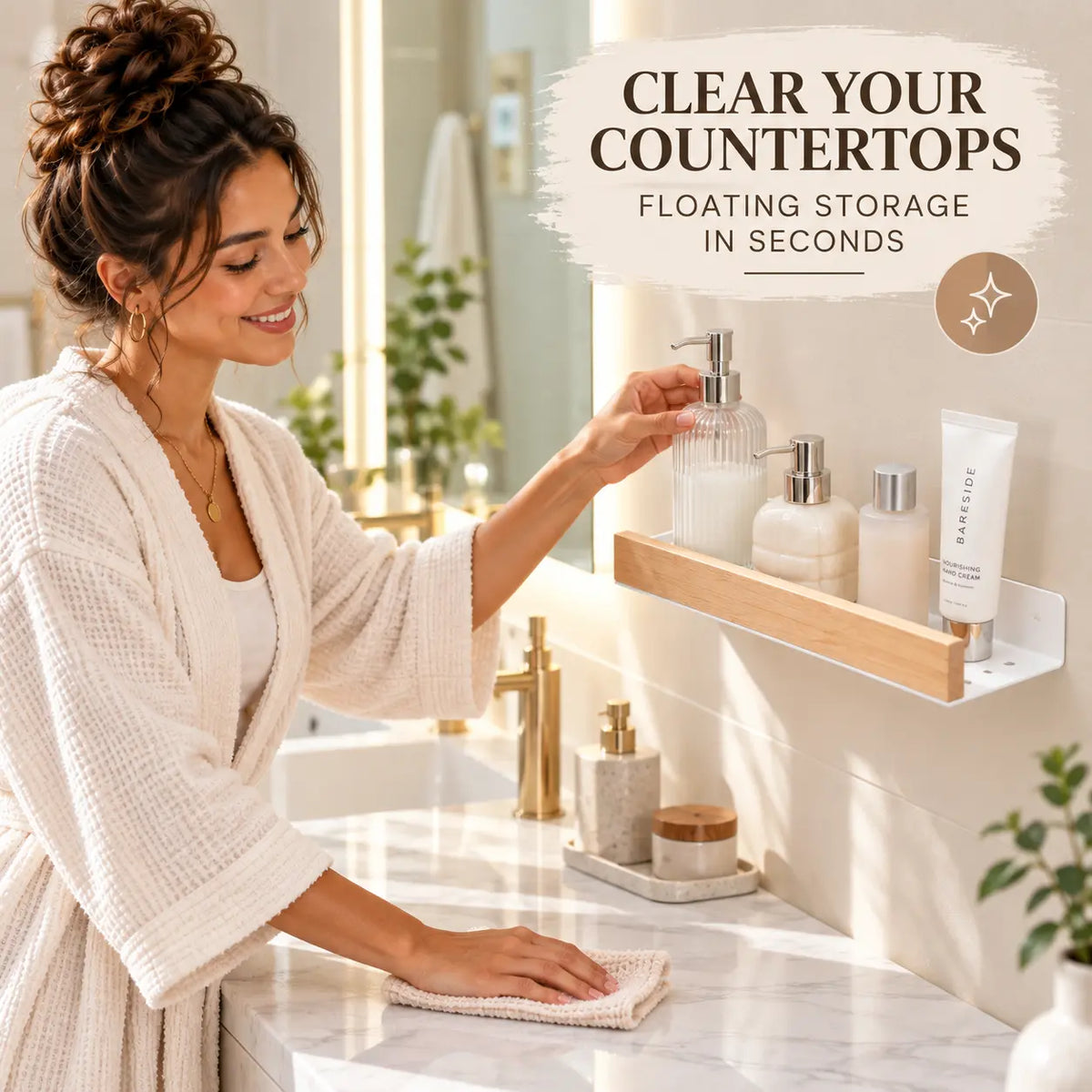 Wall mounted bathroom shelf holding skincare bottles above a clean marble countertop for organized floating bathroom storage