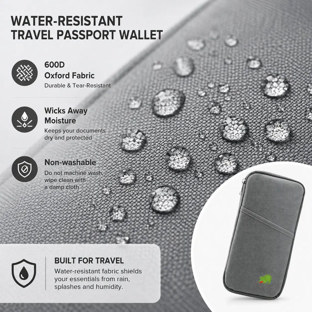Water resistant travel passport wallet made with 600D Oxford fabric with moisture wicking material