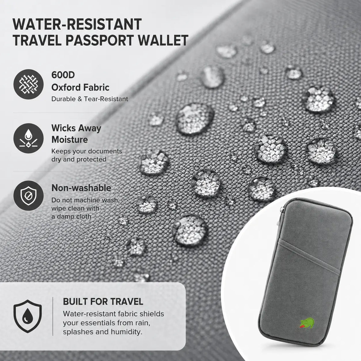 Water resistant travel passport wallet made with 600D Oxford fabric with moisture wicking material