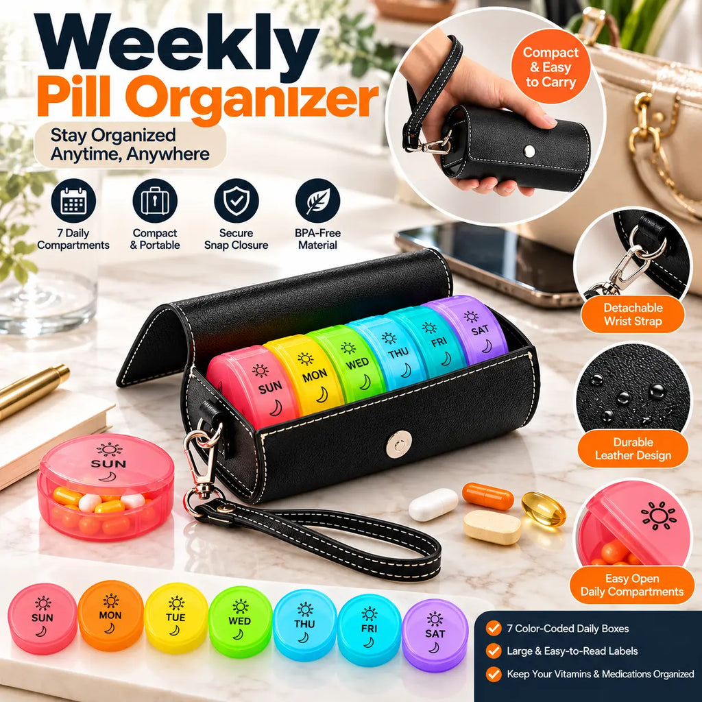 Black leather weekly pill organizer with seven color coded daily pill boxes, detachable wrist strap, and compact portable design