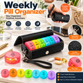 Black leather weekly pill organizer with seven color coded daily pill boxes, detachable wrist strap, and compact portable design