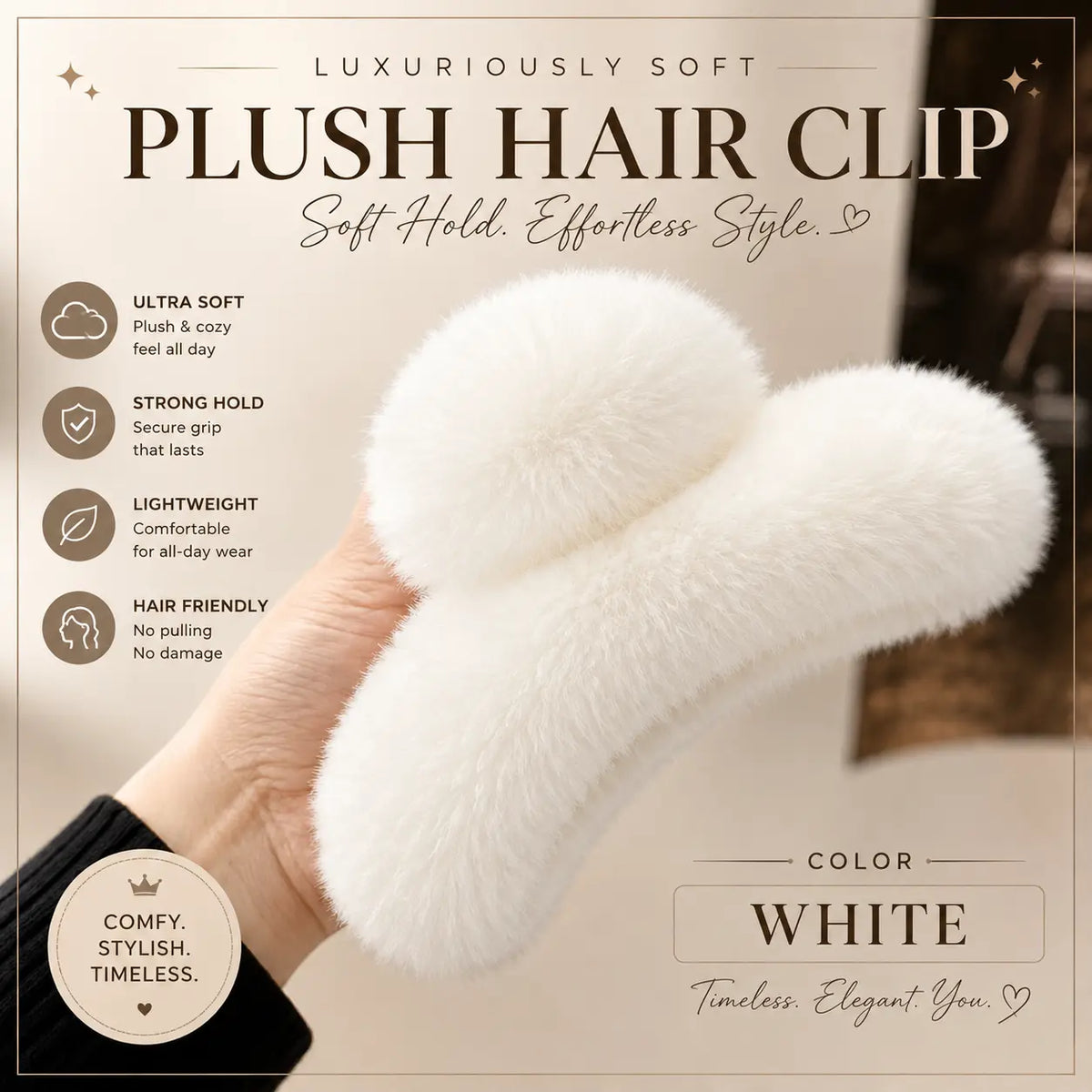 A hand holding a fluffy white faux-fur hair clip against a warm beige promotional background with text highlighting soft hold, lightweight design, and hair-friendly comfort.