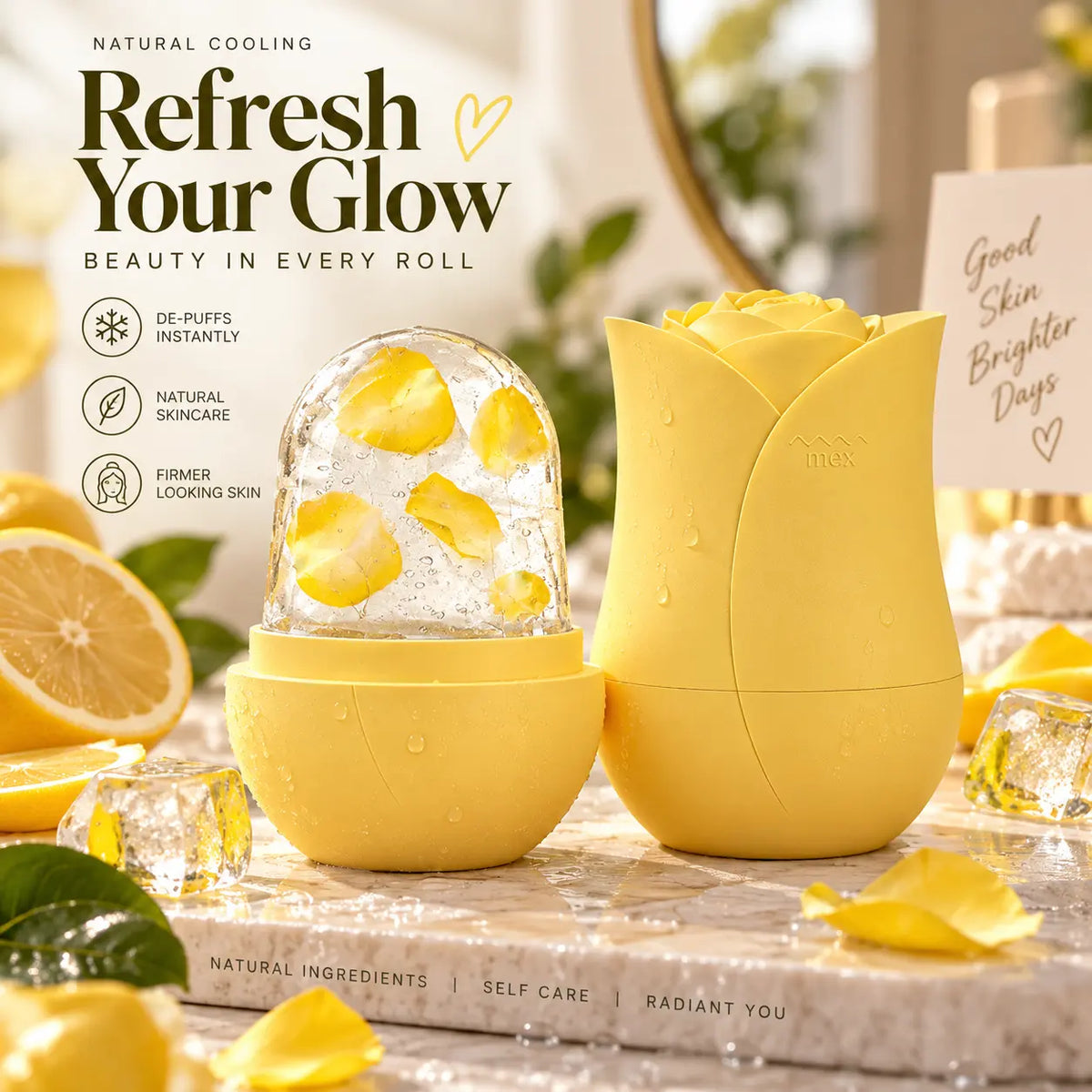 Pastel yellow rose shaped facial ice roller with a clear lemon infused ice dome displayed on a marble vanity with fresh lemons and ice cubes