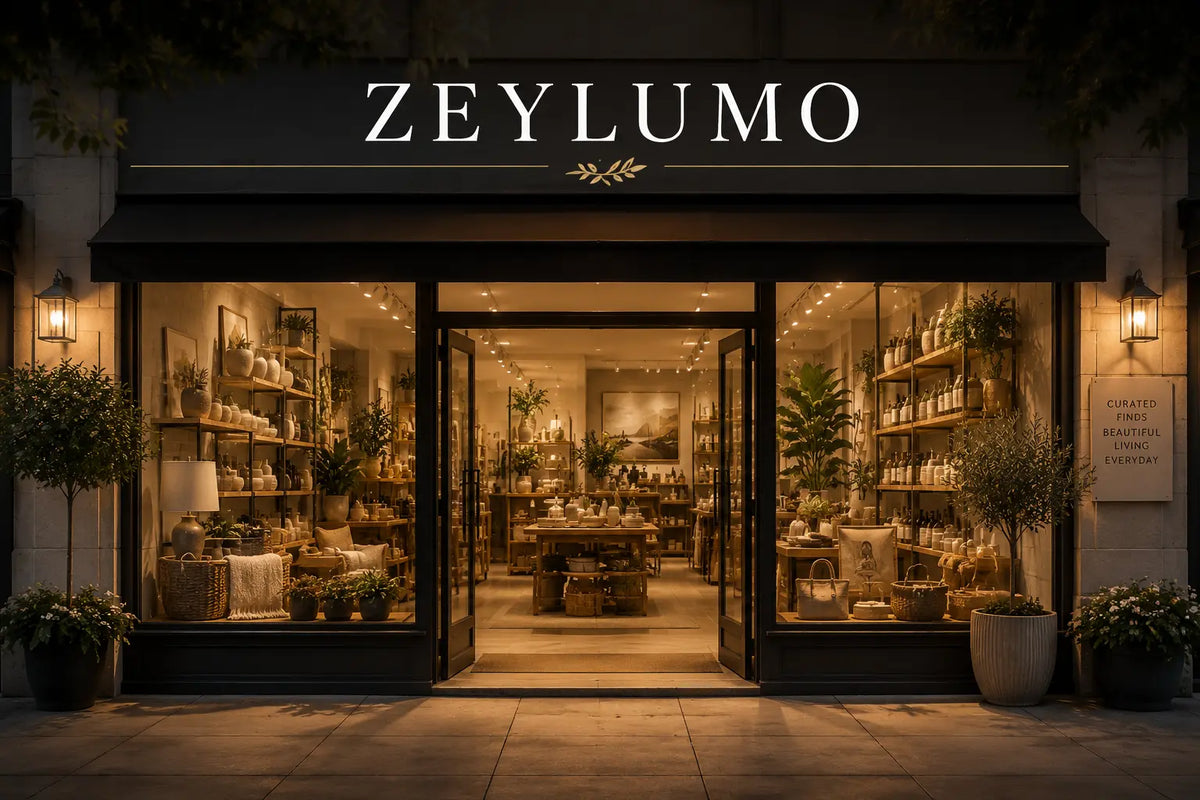 A storefront at night with the brand name ZEYLUMO prominently displayed above the entrance. The shop has large glass windows, warm interior lighting, shelves of products, potted plants, and a clean exterior facade.