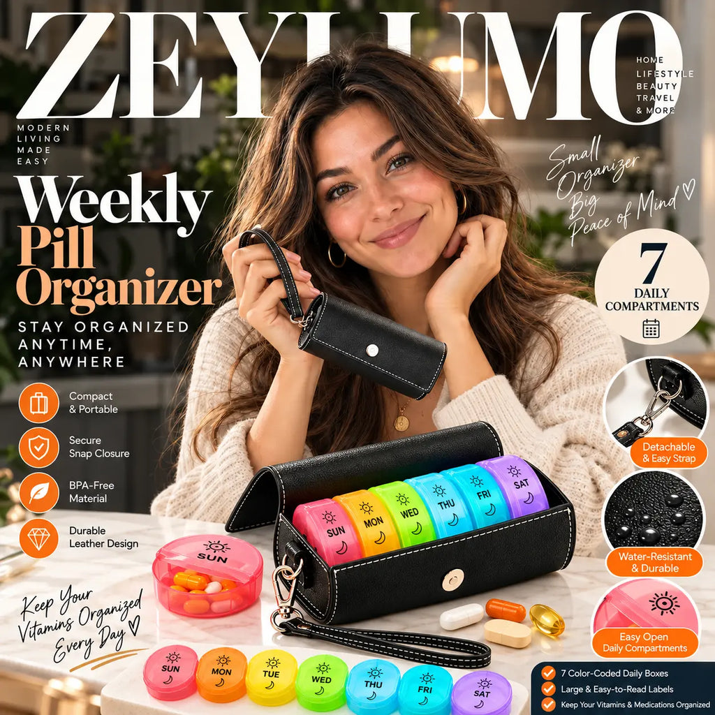 A weekly pill organizer shown on a magazine-style cover with a woman holding a black leather case. The product includes seven brightly colored daily-compartment boxes and a small round pill container, presented with feature callouts and the Zeylumo branding.